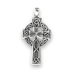 Sterling Silver Heavy Shamrock Celtic Cross Pendant