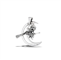 Sterling Silver Witch Broomstick Moon Pendant (Moves)