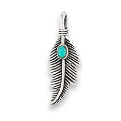 Sterling Silver Feather Pendant With Synthetic Turquoise