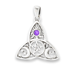 Sterling Silver Celtic Triquetra with Pentagram, Synthetic Amethyst and Celestial Design Pendant