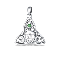 Sterling Silver Celtic Triquetra with Pentagram, Synthetic Emerald and Celestial Design Pendant