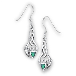 Sterling Silver Claddagh Earring With Synthetic Emerald