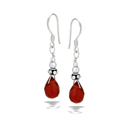 Sterling Silver Bali Bead Dangle Earring With Red Crystal